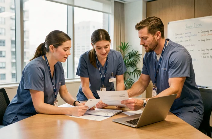 Équipe de professionnels de santé réunis en salle de réunion pour consulter les services d'information médicale