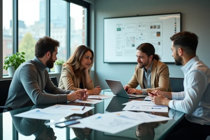 Équipe professionnelle en réunion collaborative autour de solutions digitales dans une salle de conférence moderne avec vue sur la ville