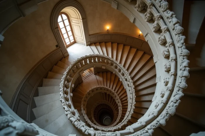Détail architectural de l'escalier à double révolution du château de Chambord, sculpture Renaissance en pierre de tuffeau