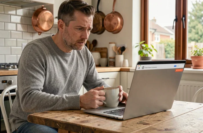 Propriétaire utilisant un outil d'estimation immobilière gratuit en ligne depuis son domicile