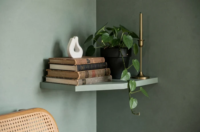 Étagère murale décorée avec des livres, une sculpture en plâtre, une plante pothos et un bougeoir en laiton sur un mur vert sauge