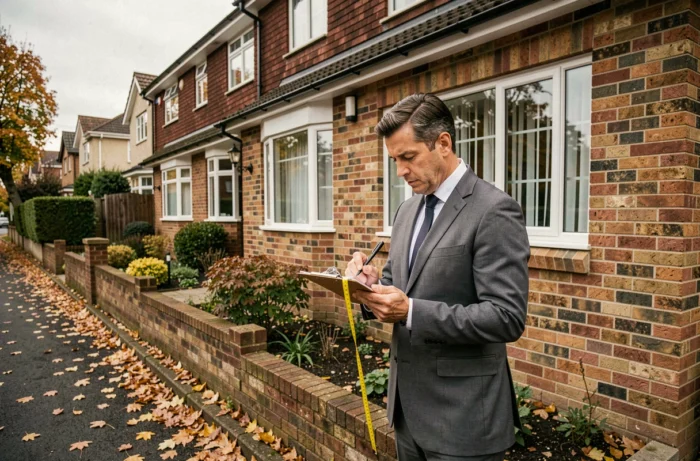 Expert immobilier payant réalisant une estimation professionnelle d'une maison individuelle