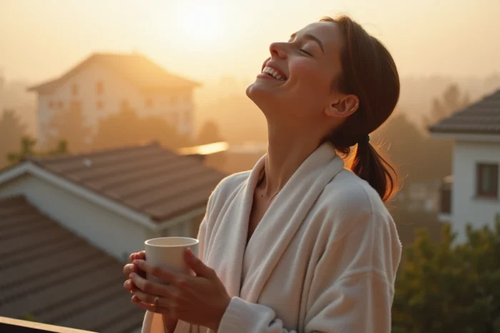 Femme en robe de chambre sur un balcon le matin, visage tourné vers le ciel, tenant une tasse chaude dans la brume matinale