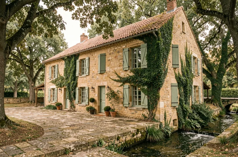 Façade en pierre du Moulin de Labique entourée de végétation et d'un ruisseau dans la campagne française