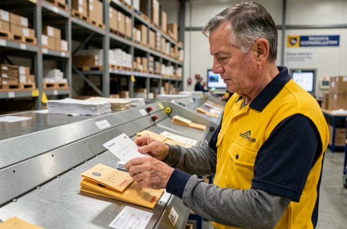 Facteur triant des enveloppes avec des adresses postales dans un centre de distribution du courrier