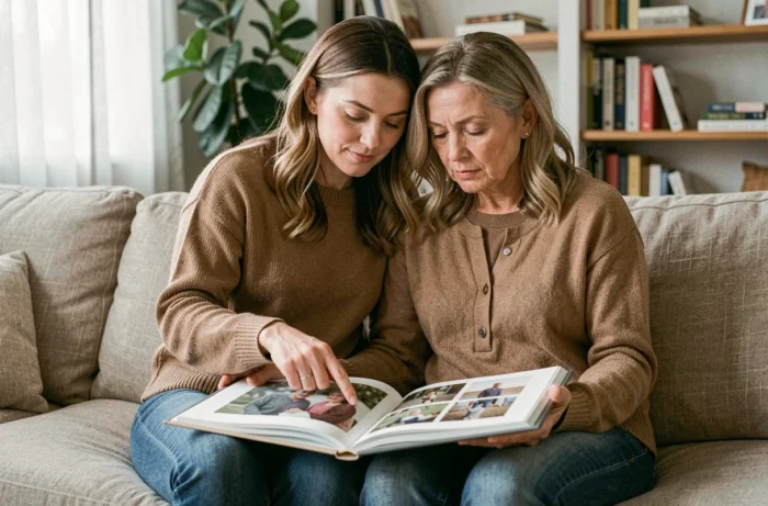 Deux femmes de la famille feuilletant un album photo ensemble pour trouver un hommage à leur tante disparue
