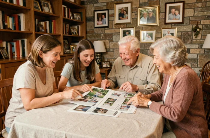 Famille réunie autour d'une gazette Famileo imprimée, partageant des souvenirs et des photos en famille