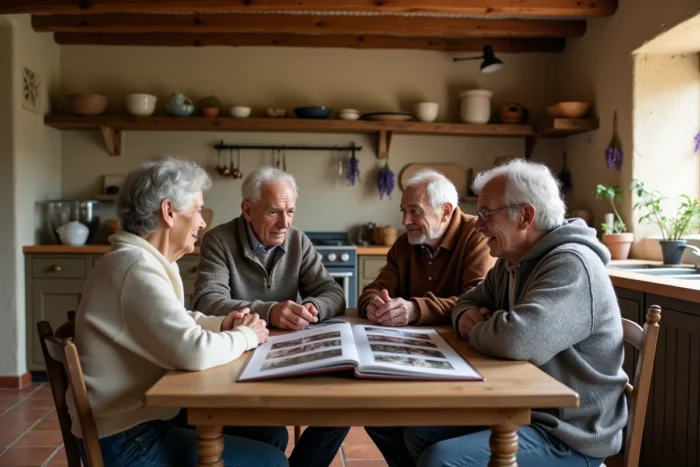 Famille française multigénérationnelle consultant un album de photos de famille dans une ferme provençale, illustrant les liens généalogiques et la consanguinité