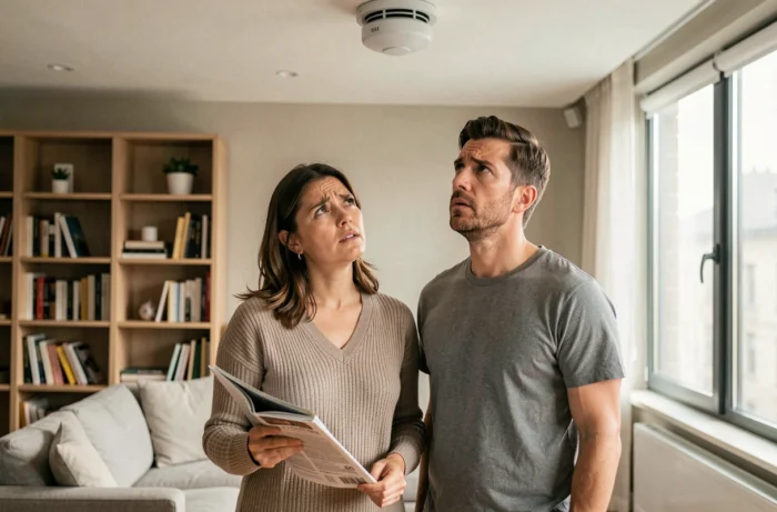 Couple dans un salon regardant une alarme incendie qui sonne sans raison dans leur appartement