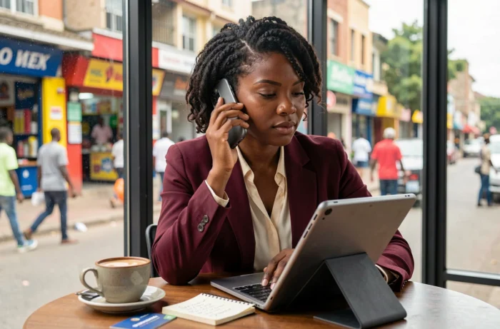 Femme d'affaires africaine multitâche au téléphone et sur tablette dans un café avec vue sur une rue animée, représentant l'entrepreneuriat dynamique soutenu par 225 Business