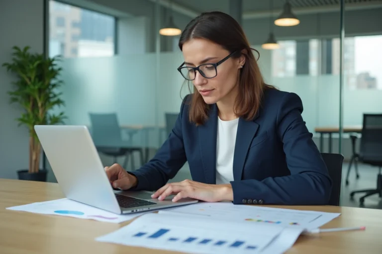 Femme d'affaires consultant des documents d'immatriculation SIREN et SIRET dans un bureau moderne