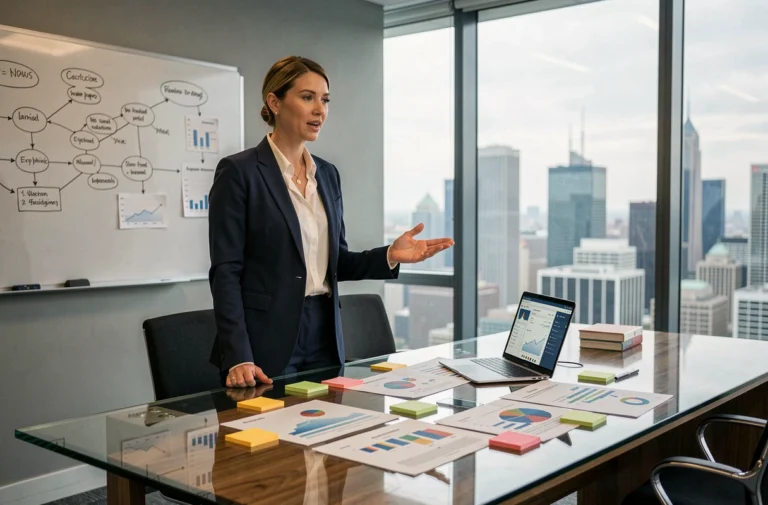 Femme d'affaires présentant une stratégie sur mesure dans une salle de réunion moderne avec tableaux de bord et données analytiques
