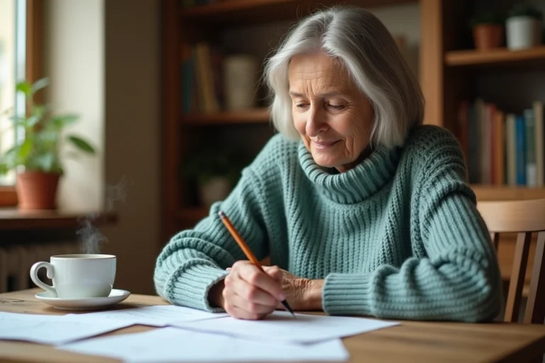 Femme d'une cinquantaine d'années travaillant sur des ateliers mémoire imprimés à la table de sa cuisine