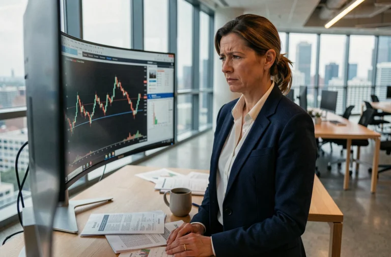 Femme cadre analysant des graphiques financiers sur un écran dans un bureau moderne avec vue sur la ville