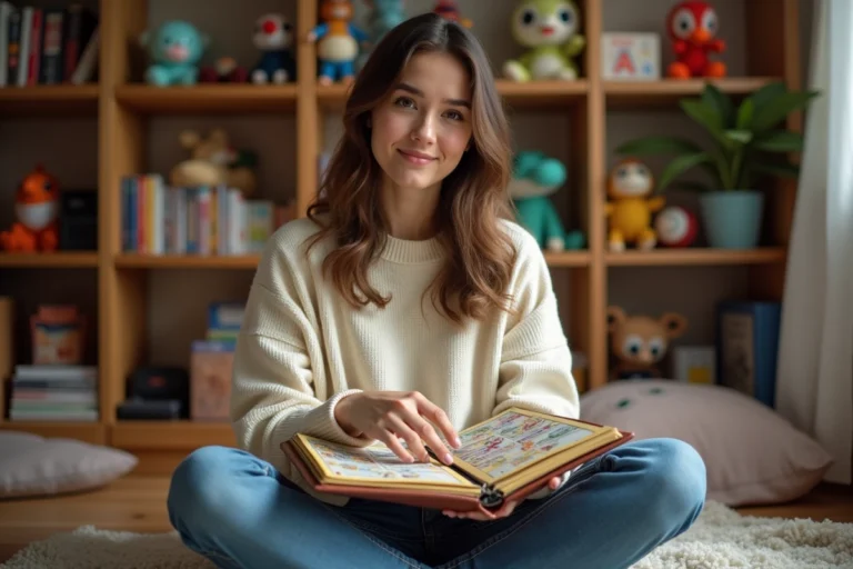 Jeune femme tenant un classeur de cartes Pokémon ouvert sur ses genoux, regardant des cartes commençant par la lettre A dans une chambre de joueur décorée