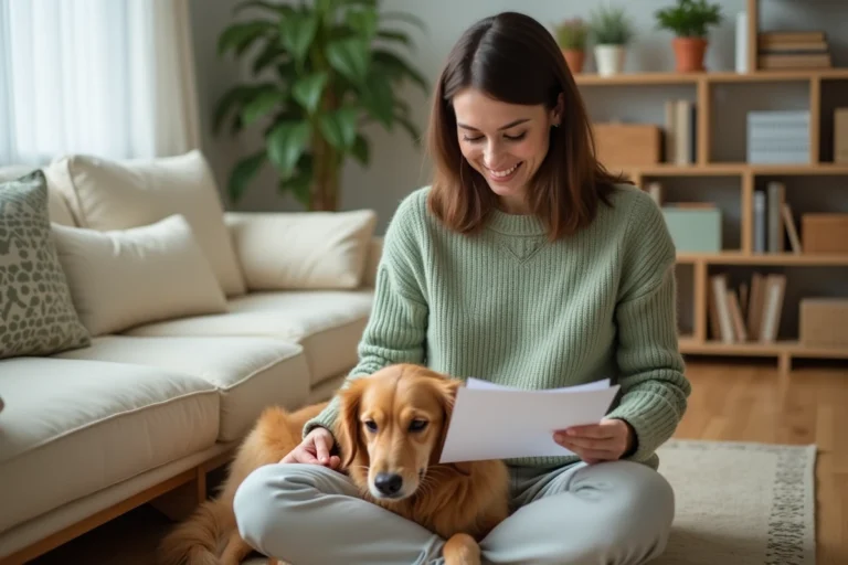 Femme assise sur un parquet en bois avec son golden retriever tenant des documents d'assurance animaux