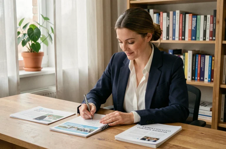 Femme professionnelle comparant des brochures de formation sur un bureau en bois dans un bureau à domicile moderne