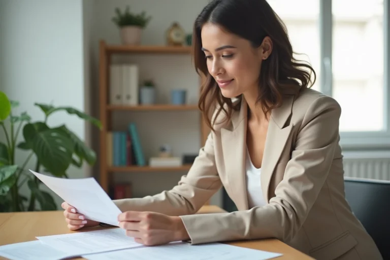 Femme consultant un contrat de location immobilière à son bureau dans un appartement moderne