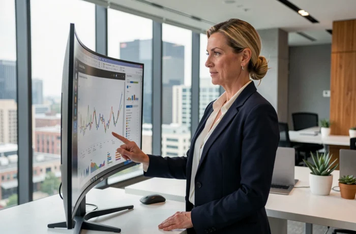 Femme cadre dirigeante analysant des données sur un grand écran dans un bureau moderne en 2024, illustrant les tendances du monde des affaires