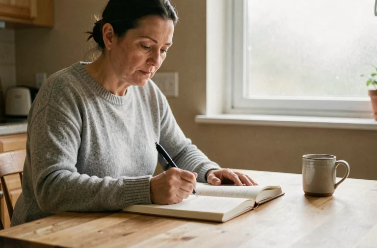 Femme écrivant une belle phrase hommage pour sa tante décédée dans un carnet posé sur une table en bois