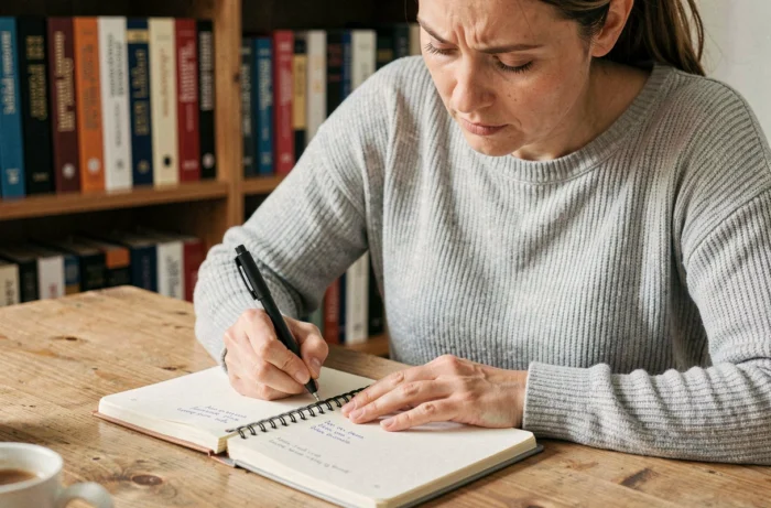 Femme concentrée écrivant dans un cahier pour apprendre la conjugaison française, aillant ou ayant