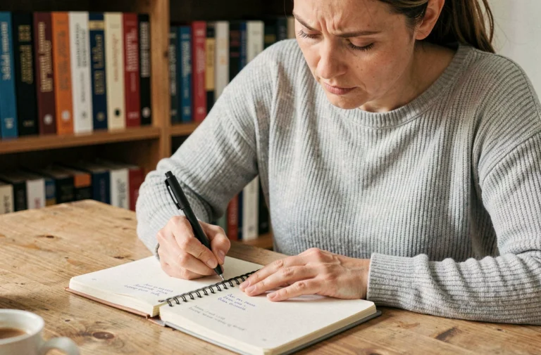 Femme concentrée écrivant dans un cahier pour apprendre la conjugaison française, aillant ou ayant