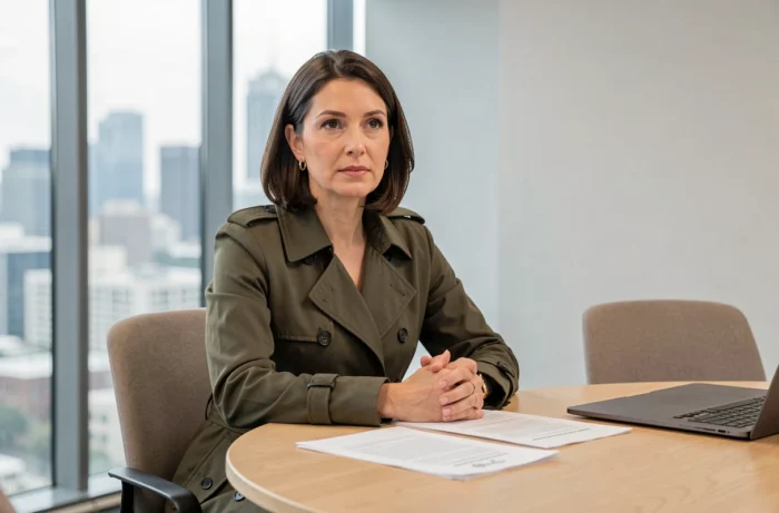 Femme engagée en réunion professionnelle dans une salle de conférence moderne avec vue sur la ville