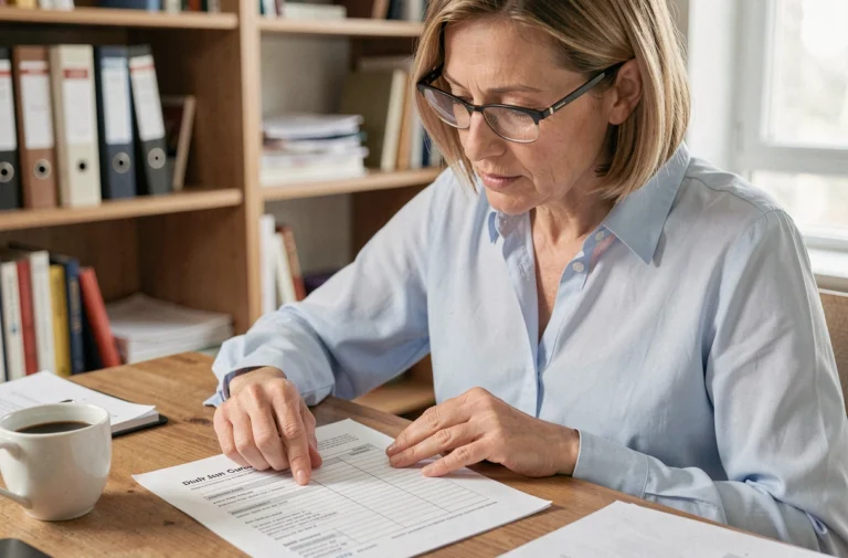 Femme consultant un formulaire administratif avec les champs de localité et voie surlignés, assise à un bureau en bois à domicile