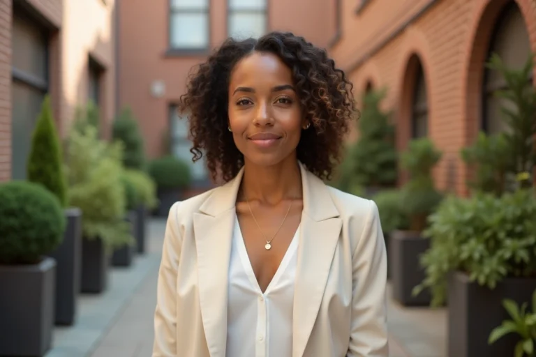 Portrait d'une femme élégante et déterminée symbolisant le parcours inspirant d'une femme forte aux côtés d'une célébrité