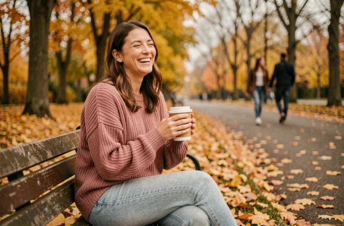 Femme épanouie et authentique dans un parc en automne, illustrant la joie de vivre et la bienveillance comme qualités essentielles