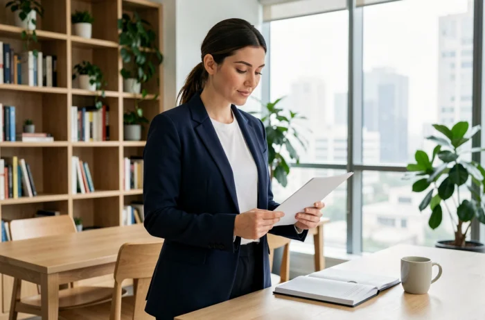 Femme confiante et indépendante dans un espace de coworking moderne illustrant les qualités professionnelles et intellectuelles valorisées