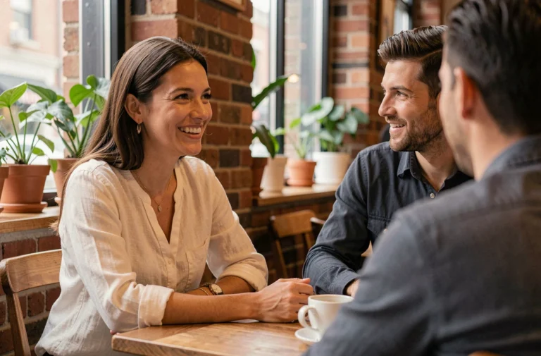Femme aux qualités relationnelles exceptionnelles en conversation sincère et attentive avec un homme dans un café chaleureux