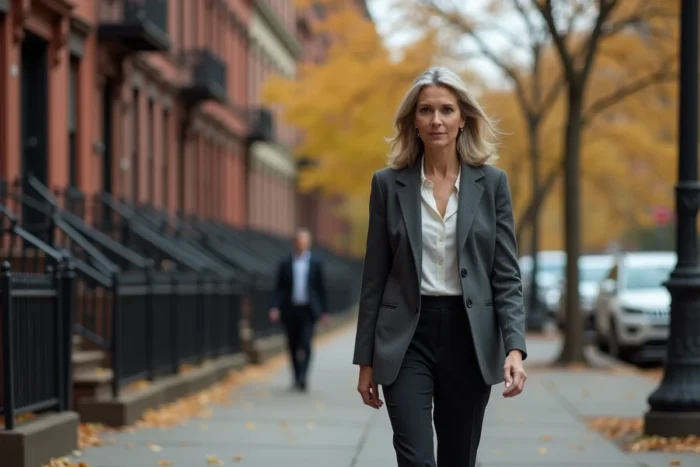 Femme déterminée marchant dans une rue de New York, illustrant l'indépendance et la résilience d'une femme en marge du monde du spectacle
