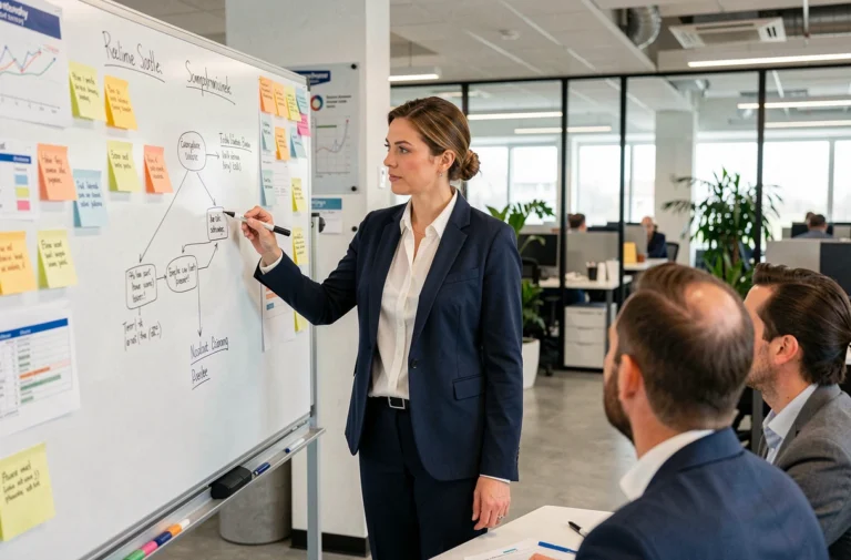Femme cadre en entreprise présentant un projet innovant sur un tableau blanc dans un bureau moderne, illustrant l'intrapreneuriat