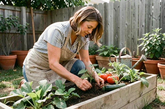 Femme jardinant dans un potager bio surélevé en bois, transplantant des plants de légumes avec les mains dans la terre