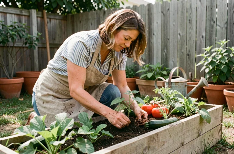 Femme jardinant dans un potager bio surélevé en bois, transplantant des plants de légumes avec les mains dans la terre