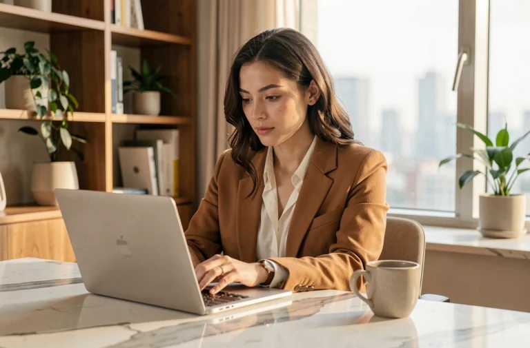 Jeune femme élégante consultant les tendances de la mode sur un ordinateur portable dans un bureau moderne