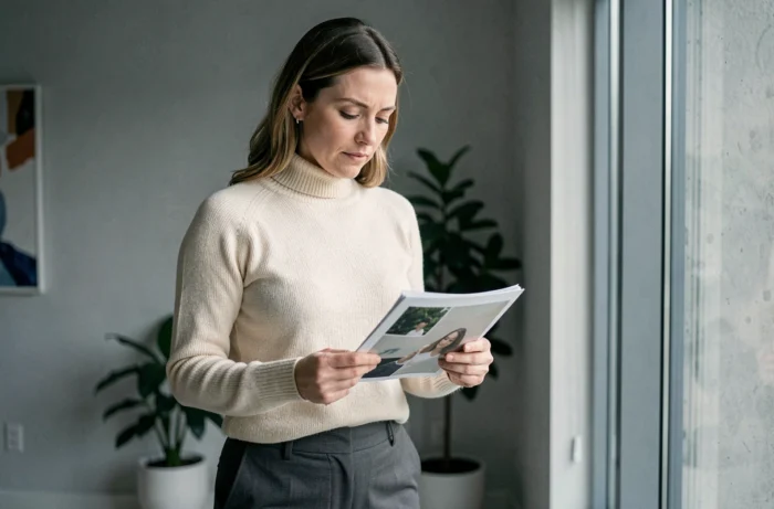 Femme tenant une photographie imprimée devant une grande fenêtre dans un appartement minimaliste aux tons gris et crème