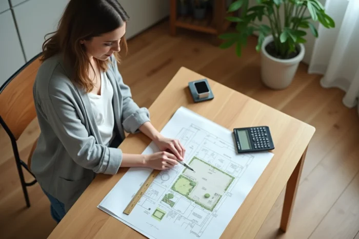 Femme consultant un plan de terrain avec des conversions de surface en mètres carrés