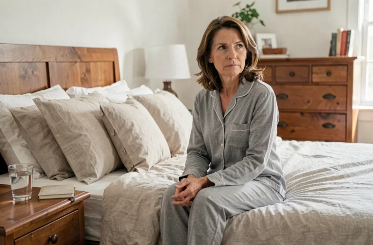 Femme d'une quarantaine d'années assise sur son lit en pyjama, l'air pensif, dans une chambre chaleureuse et apaisante, illustrant la préménopause et les changements du cycle menstruel