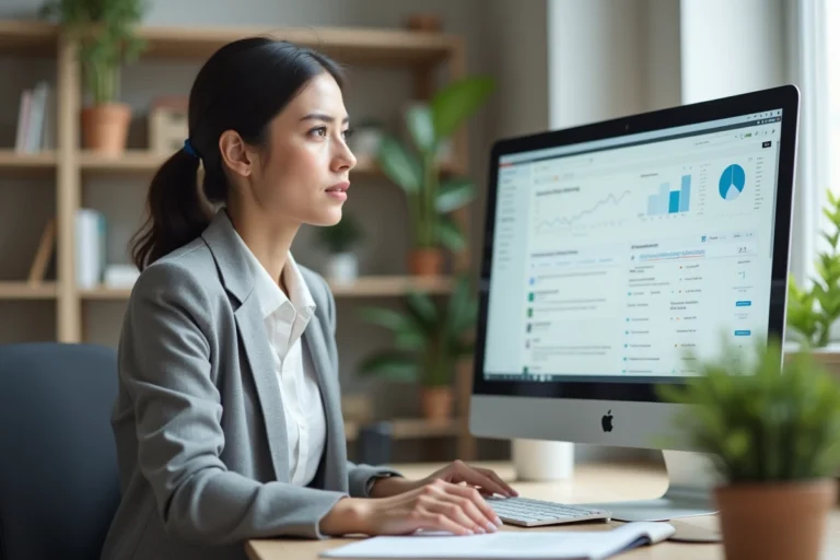 Femme professionnelle concentrée à son bureau avec plusieurs outils de productivité bureautique affichés sur son écran