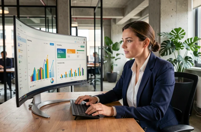 Femme professionnelle analysant des stratégies de marketing digital sur un écran avec graphiques de croissance en entreprise