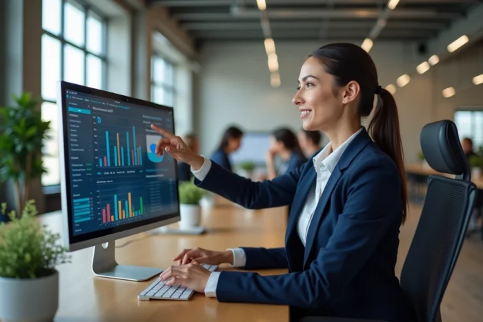Femme professionnelle interagissant avec un tableau de bord numérique d'analyse commerciale dans un bureau moderne