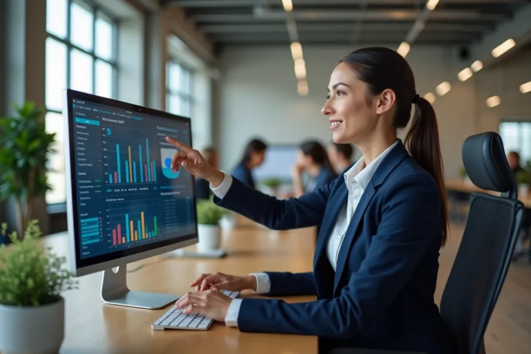 Femme professionnelle interagissant avec un tableau de bord numérique d'analyse commerciale dans un bureau moderne