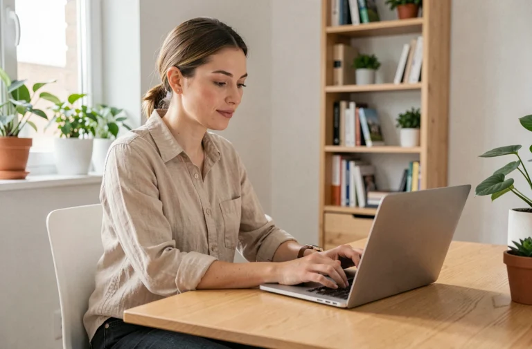 Femme cherchant des annonces immobilières sur ordinateur portable dans un bureau à domicile moderne