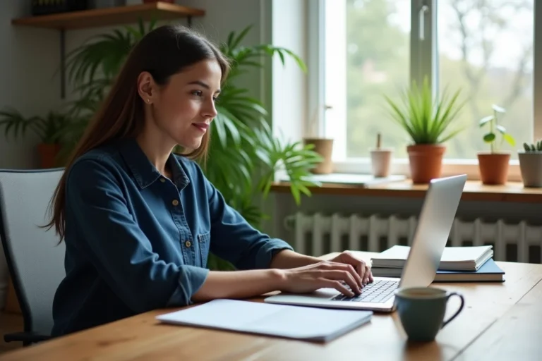 Femme cherchant des offres d'emploi en ligne sur son ordinateur portable dans un bureau à domicile moderne