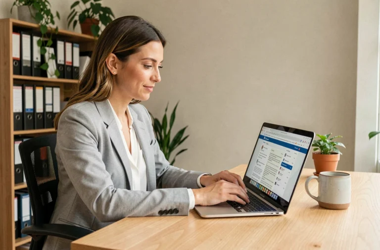 Femme consultant des offres d'emploi en ligne sur un ordinateur portable dans un bureau à domicile moderne