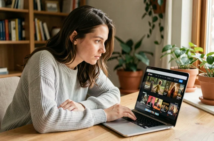 Jeune femme cherchant l'adresse officielle d'un site de streaming de films sur son ordinateur portable