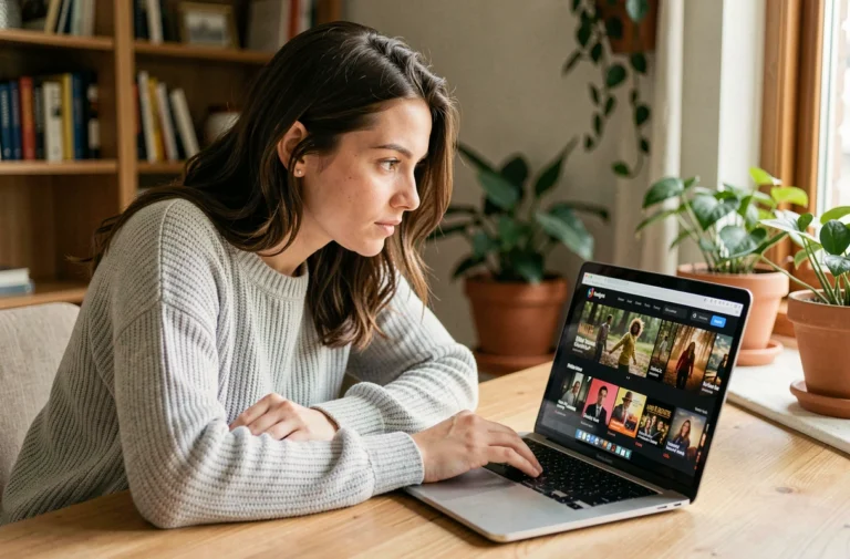 Jeune femme cherchant l'adresse officielle d'un site de streaming de films sur son ordinateur portable