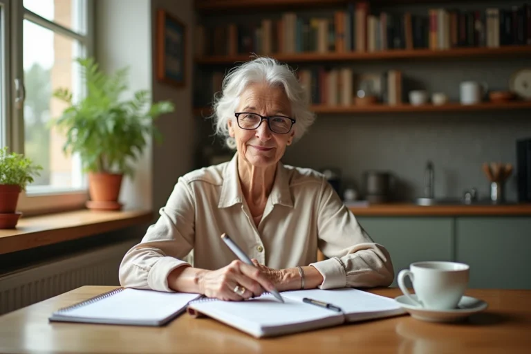 Femme retraitée lisant des documents de retraite à une table en bois dans un intérieur chaleureux